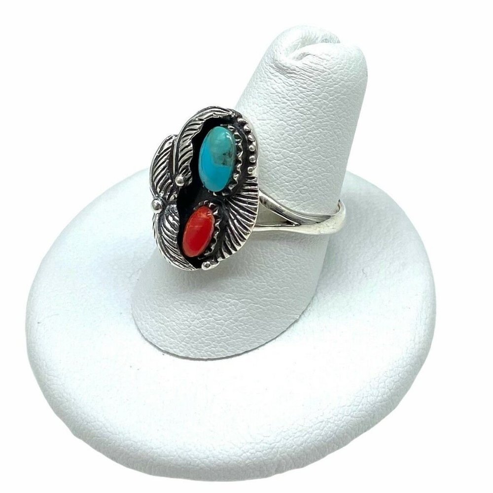 Turquoise Coral Ring 925 Sterling Silver Boho - Picture 4 of 5